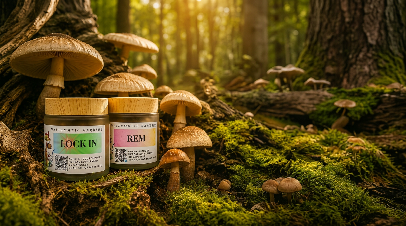 Rhizomatic Gardens mushroom blends nestled in a sunlit forest floor
